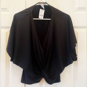 NWT, Twist Front, Black, Batwing Sleeves, Cropped Blouse, Stretchy, Size L